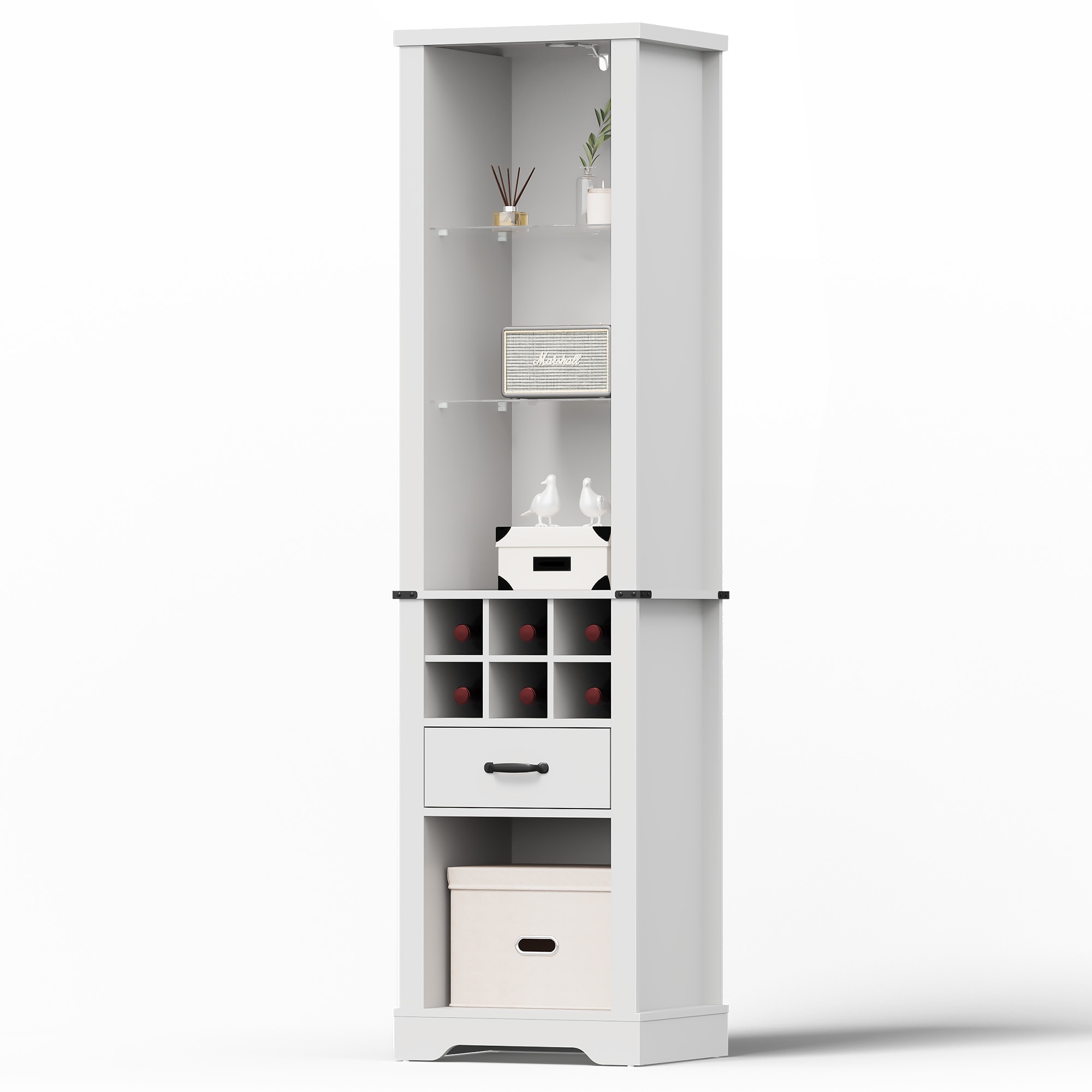 75'' Tall Storage Cabinet With LED Light, Farmhouse Pantry Cabinet With Tempered Glass Adjustable Shelves & Wine Storage Rack, Freestanding Linen Tower For Bathroom, Living Room, Kitchen, White_voghion.com